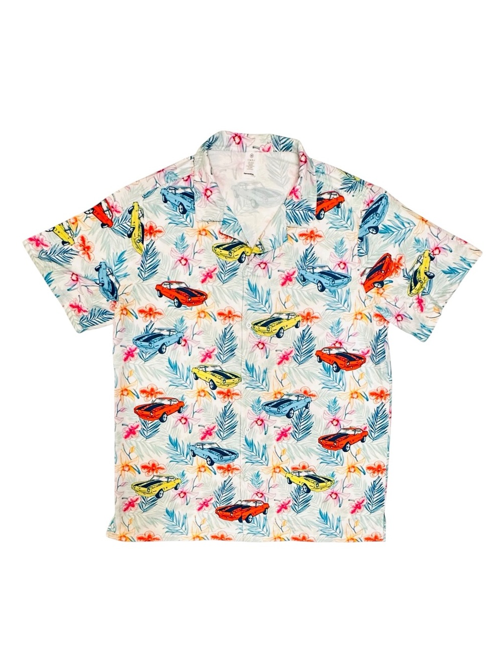 GarmentOne M 1969 Camaro Hawaiian Shirt Chevy Muscle Car Hot Rod Floral Button